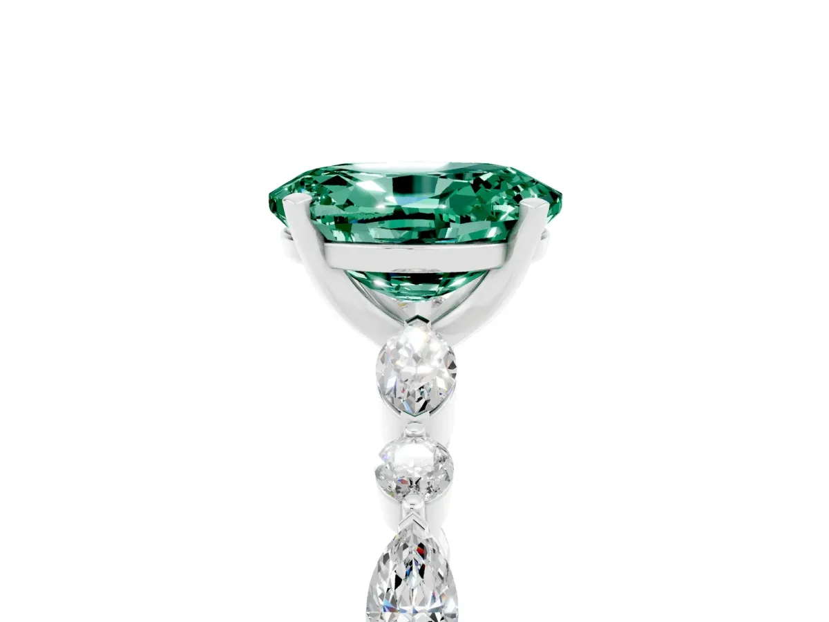 Oval Cut Green Sapphire Ring with Marquise and Round Side Stones and Four-Prong Setting Silver