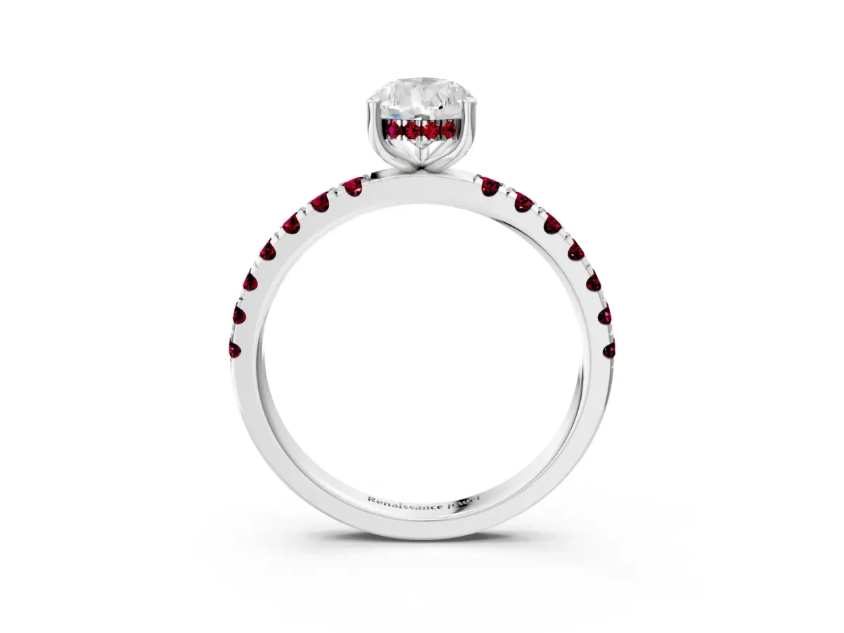 Pear Cut Diamond Pave Band Solitaire Ring with Round Garnet and Prong Setting White gold