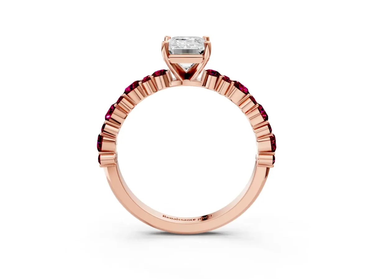 Emerald Cut Diamond Side Stone Solitaire Ring with Round Garnet and Four-Prong Setting Rose gold