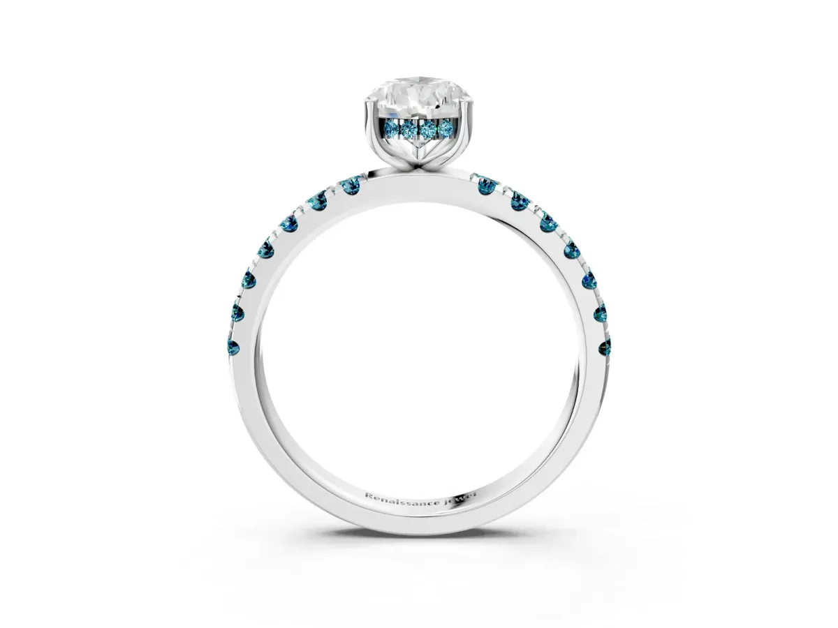 Pear Cut Diamond Pave Band Solitaire Ring with Round Blue Topaz and Prong Setting Platinum