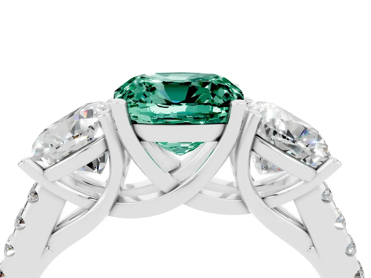 Three-Stone Cushion Cut Green Sapphire Ring with Round Pavé Band and Prong Setting Silver