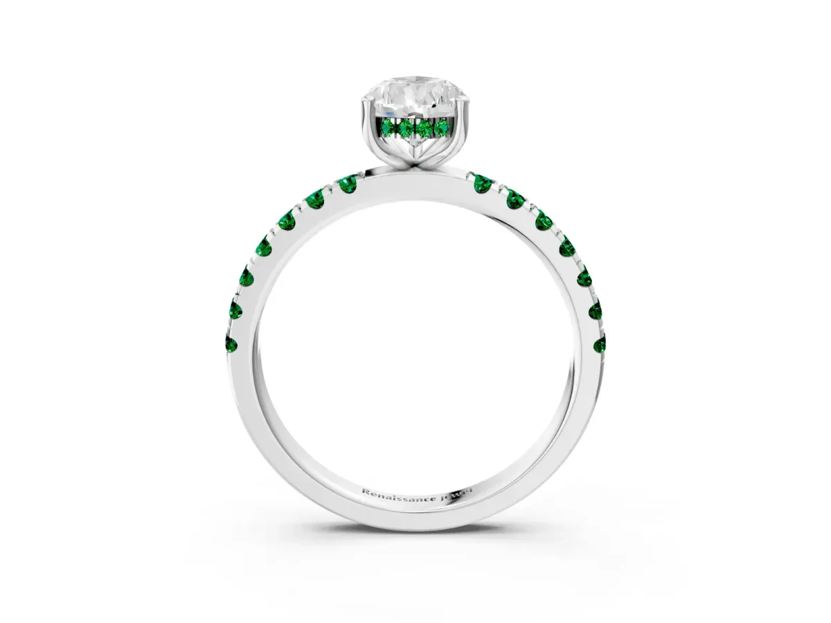 Pear Cut Diamond Pave Band Solitaire Ring with Round Emerald and Prong Setting White gold