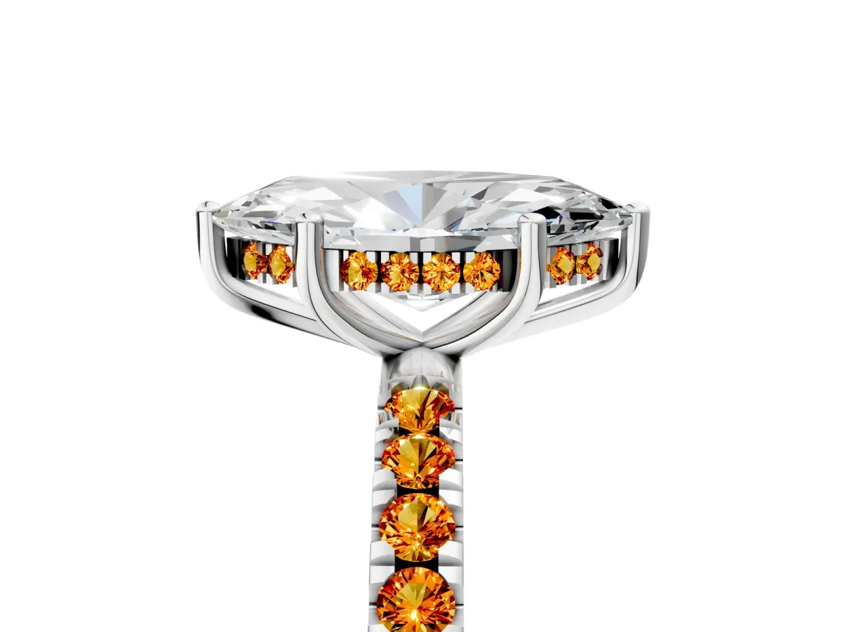 Marquise Cut Diamond Pave Band Solitaire Ring with Round Citrine and Prong Setting White gold