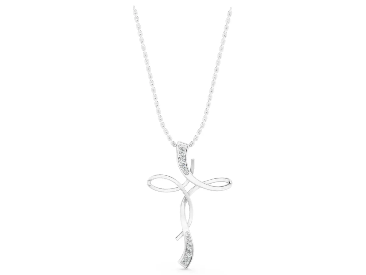 Pavé Round Diamond Twist Cross Pendant White gold