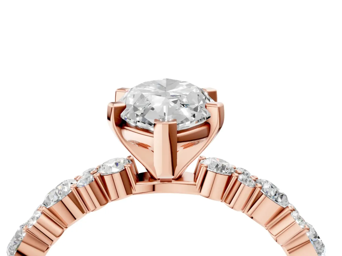 Marquise Cut Diamond Side Stone Solitaire Ring with Round Moissanite and Four-Prong Setting Rose gold