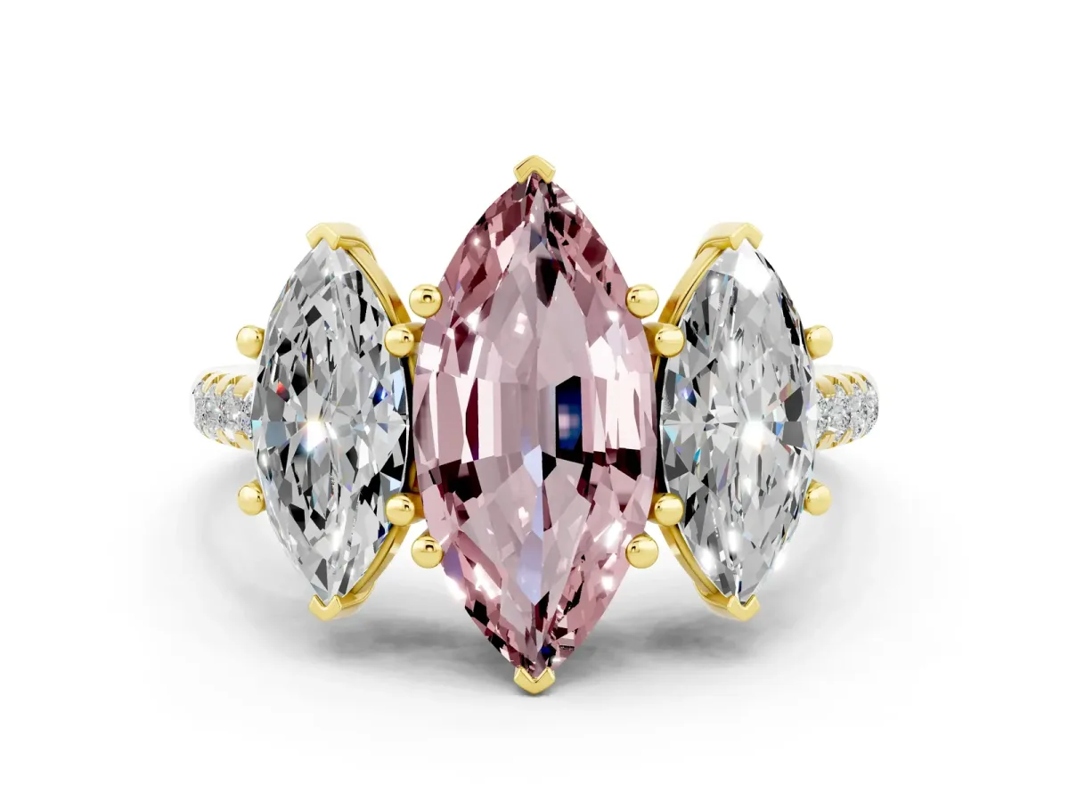 Three-Stone Marquise Cut Morganite Ring with Round Pavé Band and Prong Setting Yellow gold
