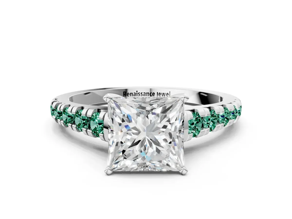 Princess Cut Diamond Cathedral Solitaire Ring with Round Green Sapphire Pavé Band Silver