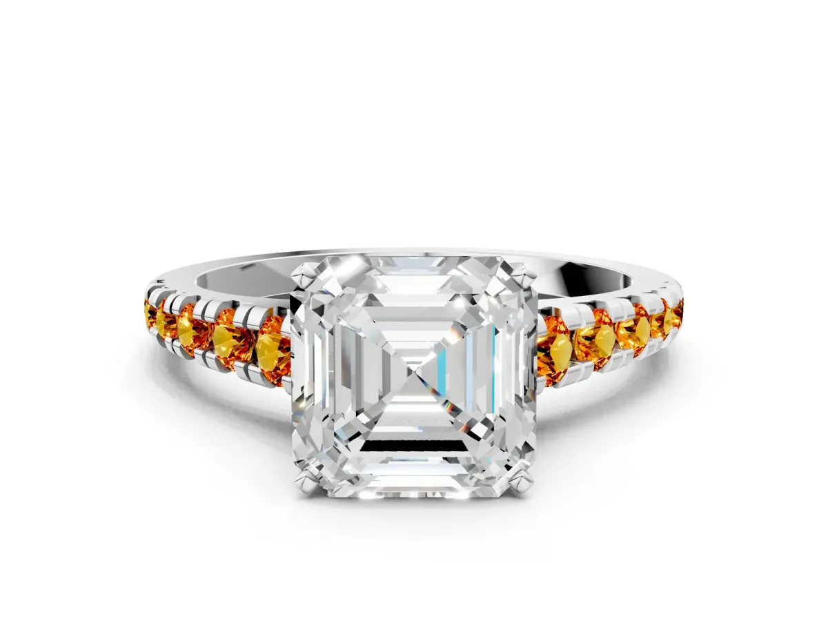 Asscher Cut Diamond Cathedral Solitaire Ring with Round Citrine Pavé Band Silver
