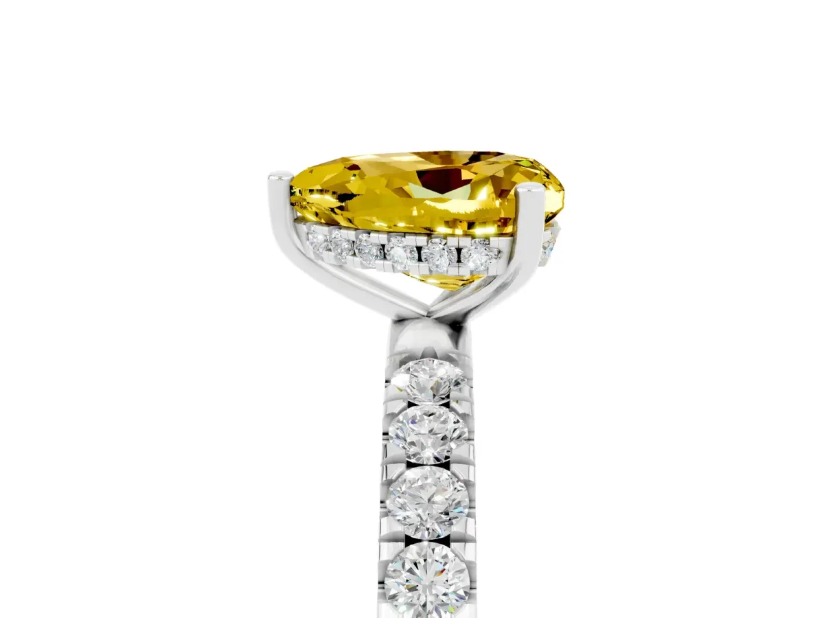 Heart Cut Yellow Sapphire Pave Band Solitaire Ring with Round and Prong Setting Platinum