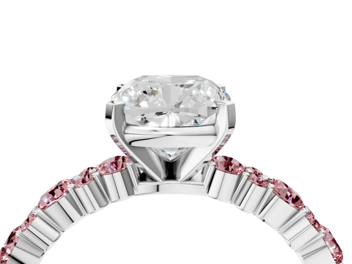 Cushion Cut Diamond Side Stone Solitaire Ring with Round Morganite and Four-Prong Setting Silver