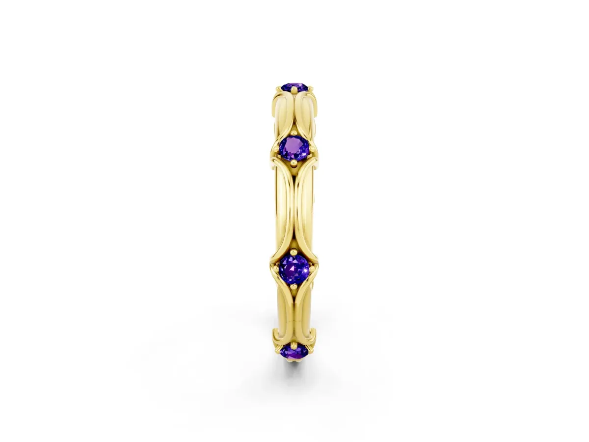 Round Tanzanite Prong Set Milgrain Eternity Band Yellow gold