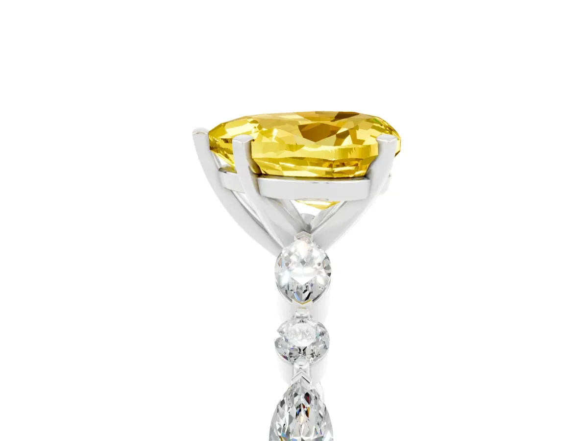 Heart Cut Yellow Sapphire Ring with Marquise and Round Side Stones and Four-Prong Setting Platinum