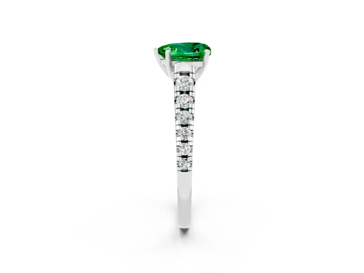 Heart Cut Emerald Cathedral Solitaire Ring with Round Pavé Band White gold