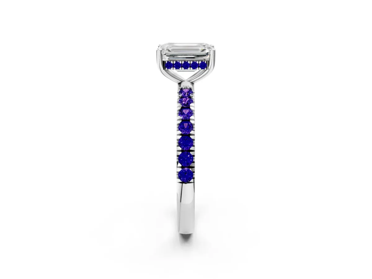 Emerald Cut Diamond Pave Band Solitaire Ring with Round Tanzanite and Prong Setting Platinum