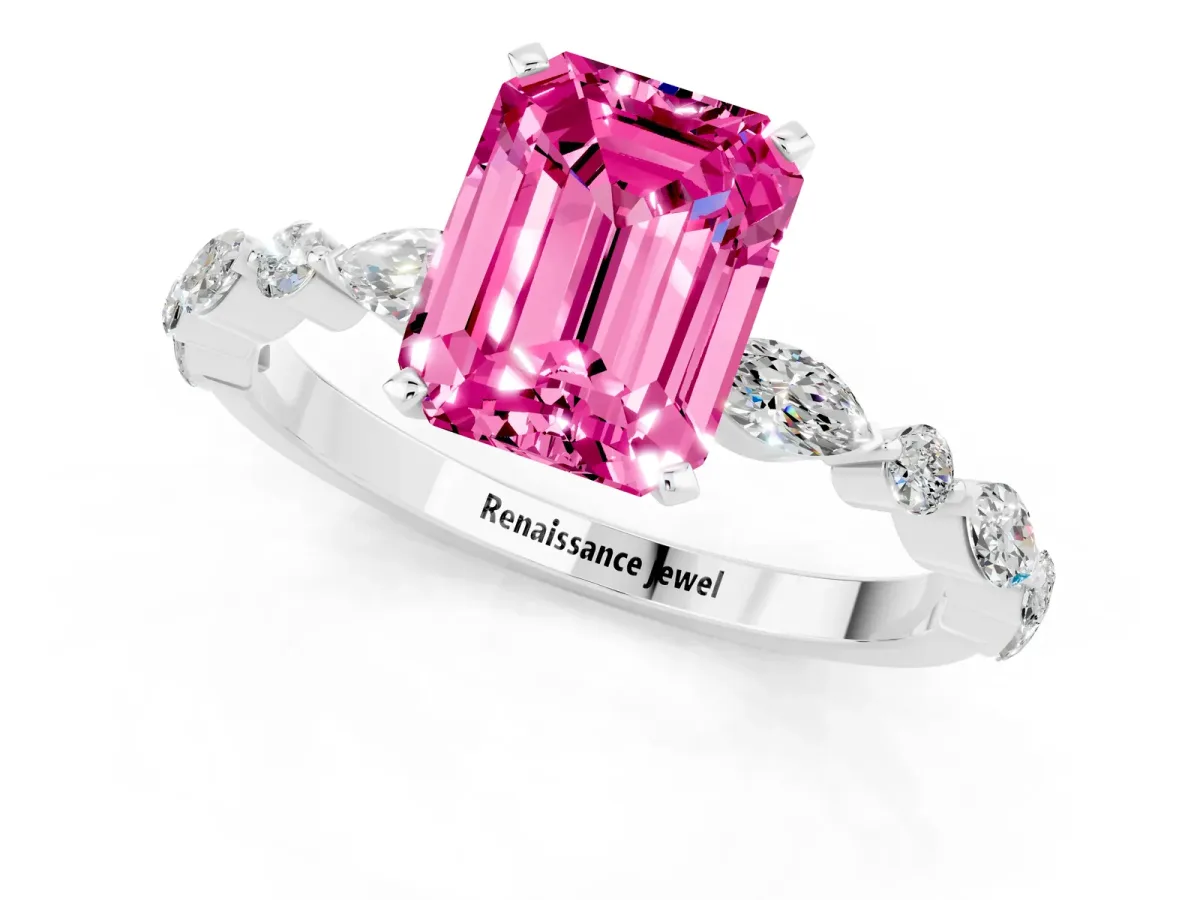 Emerald Cut Pink Sapphire Ring with Marquise and Round Side Stones and Four-Prong Setting Silver