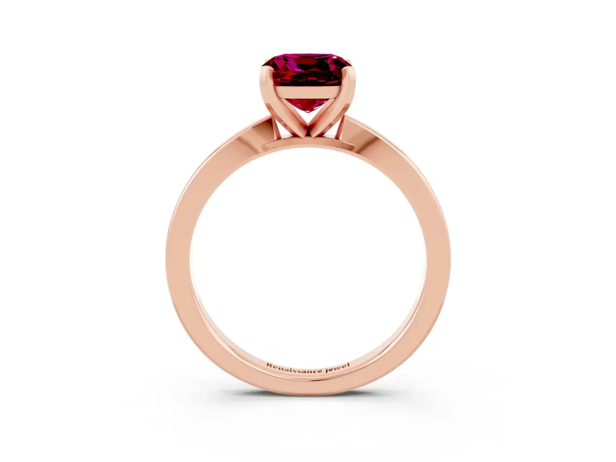 Cushion Cut Garnet Solitaire Engagement Ring with Classic Band and Four-Prong Setting Rose gold