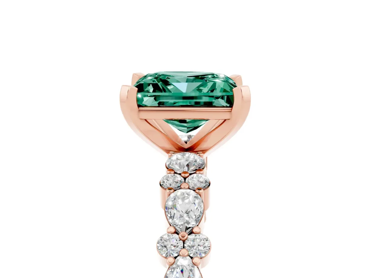 Princess Cut Green Sapphire Side Stone Solitaire Ring with Round and Four-Prong Setting Rose gold