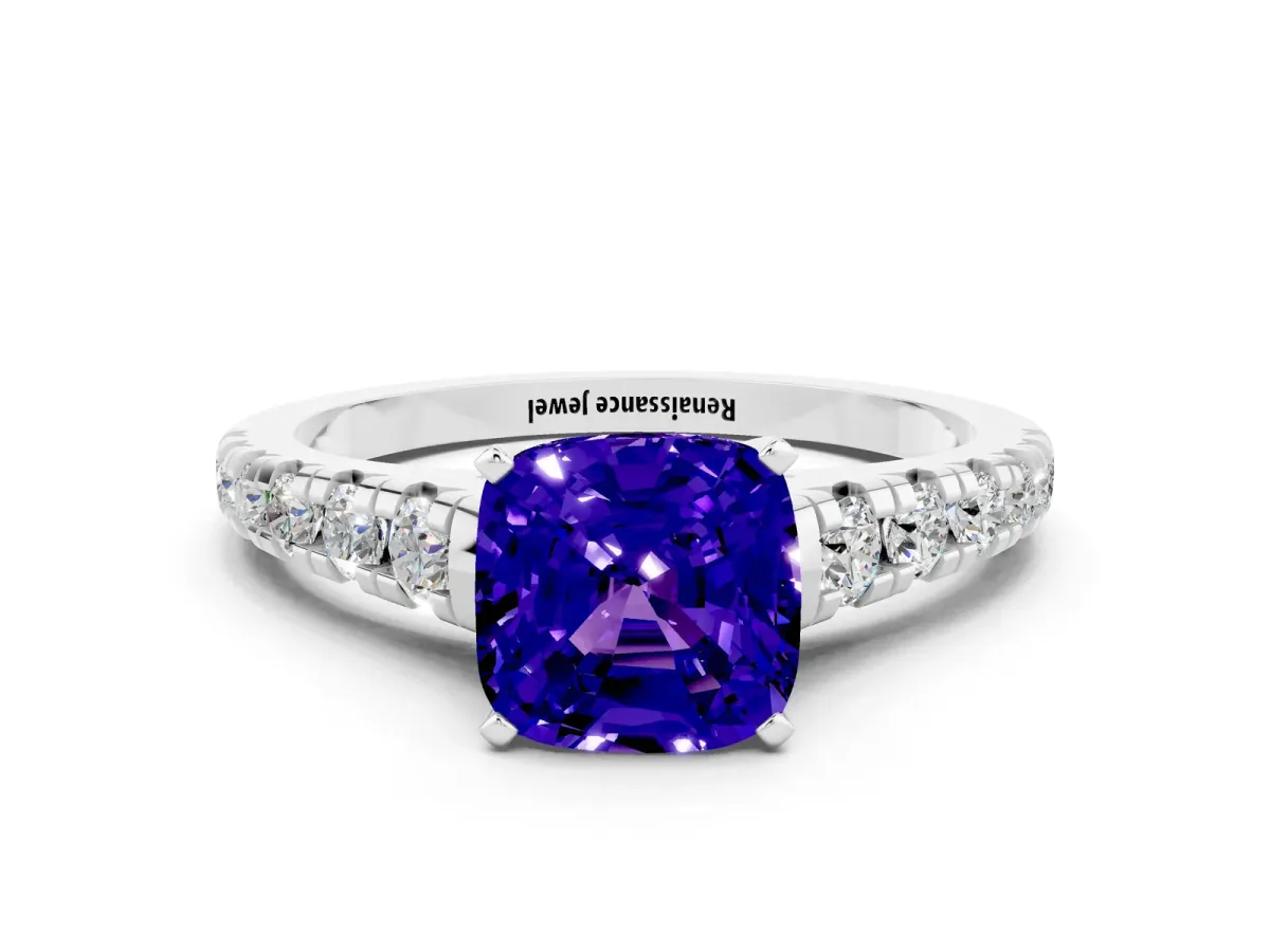 Cushion Cut Tanzanite Cathedral Solitaire Ring with Round Pavé Band Platinum