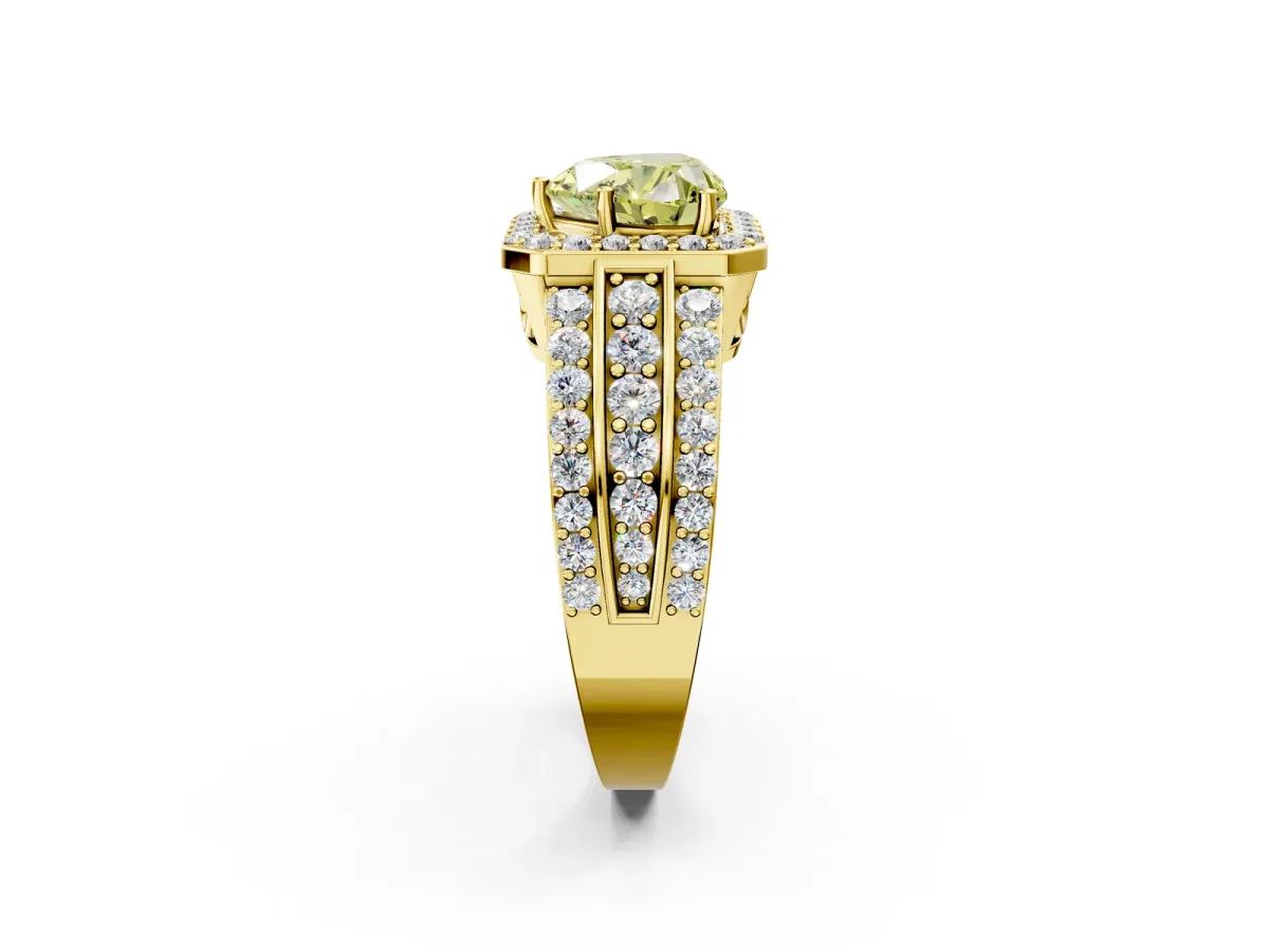 Fancy Yellow Heart Cut Halo Diamond Ring with Round Split Shank and Prong Setting Yellow gold