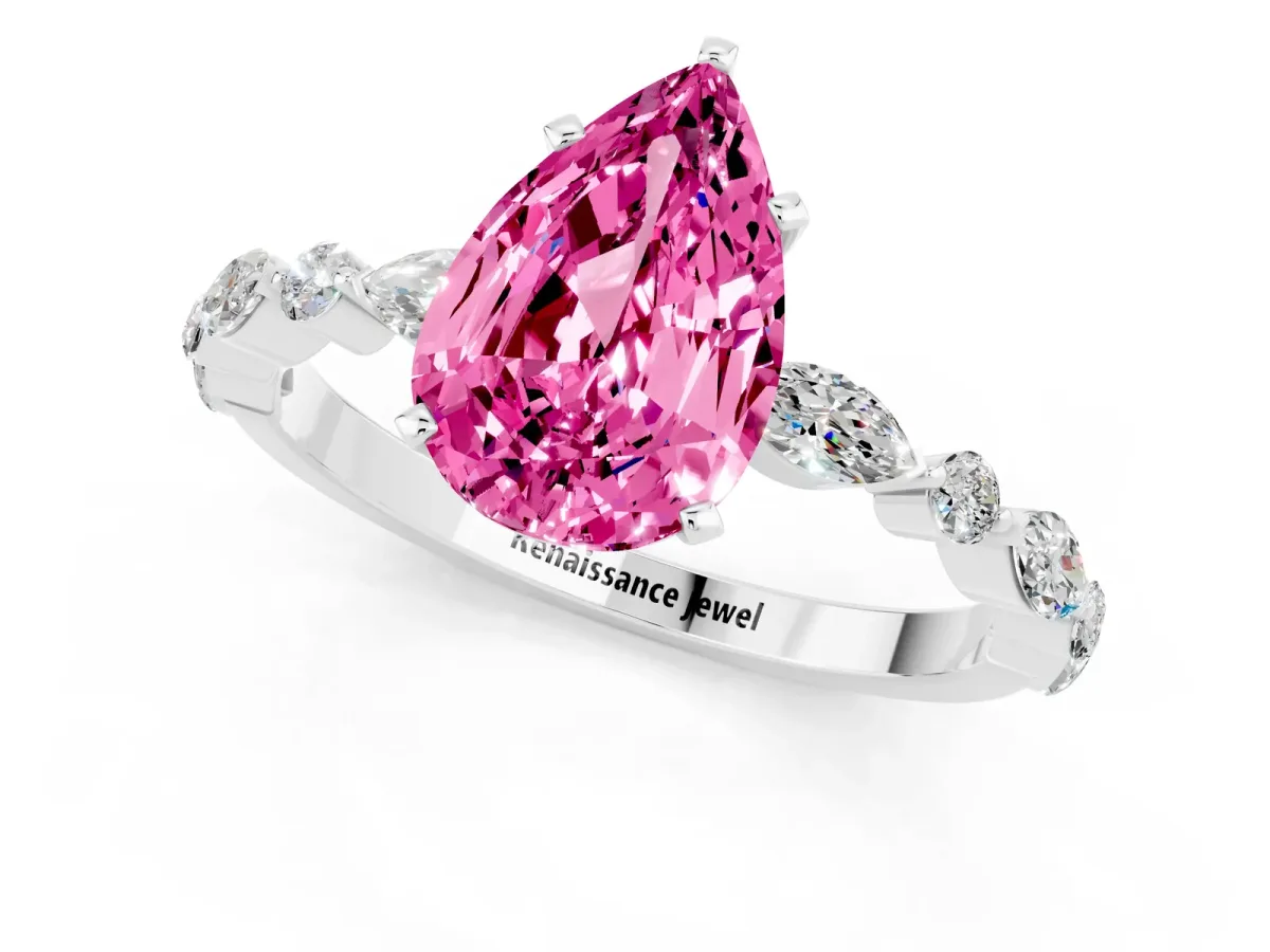 Pear Cut Pink Sapphire Ring with Marquise and Round Side Stones and Four-Prong Setting Silver