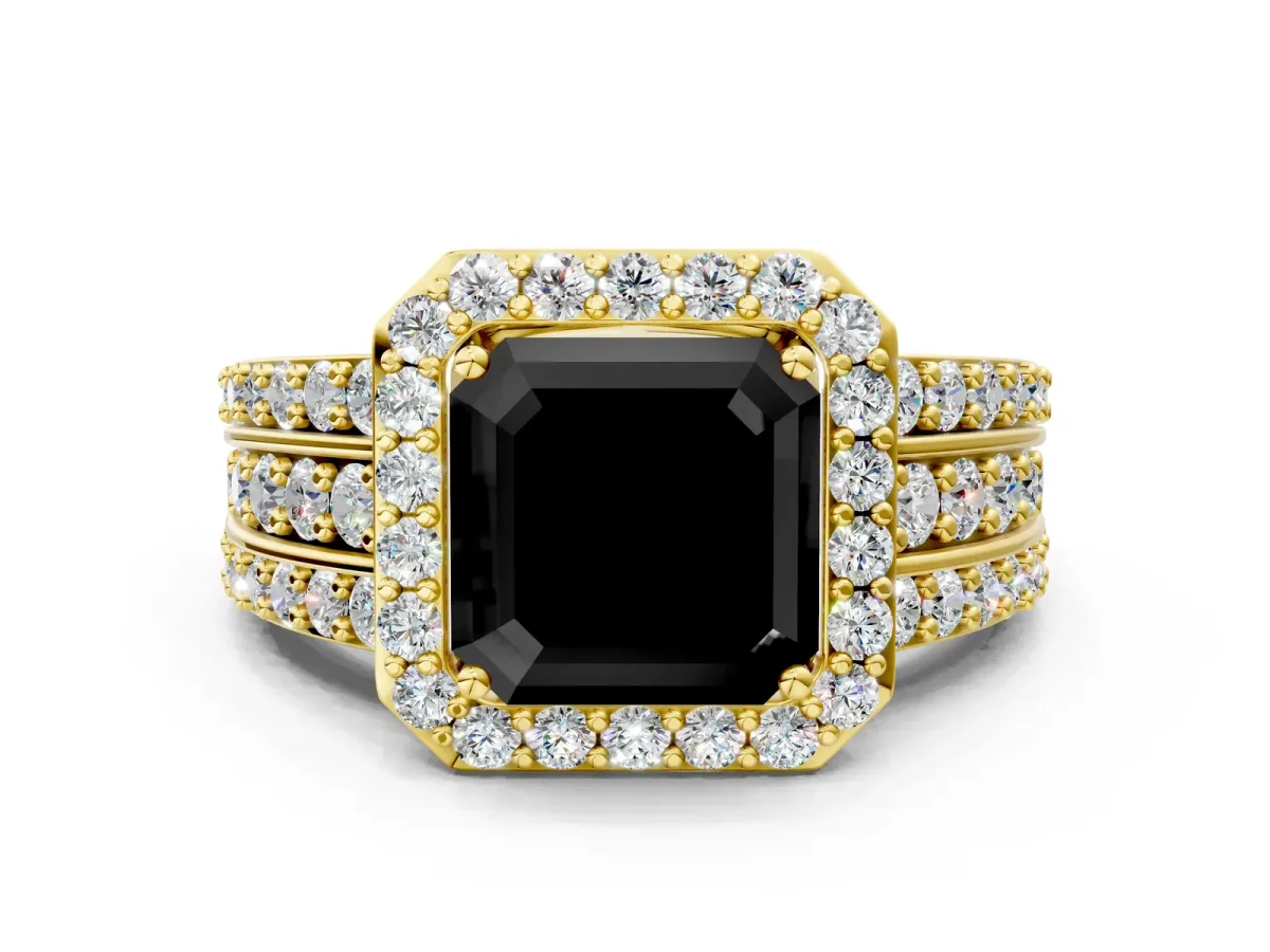 Fancy Black Asscher Cut Halo Diamond Ring with Round Split Shank and Prong Setting Yellow gold