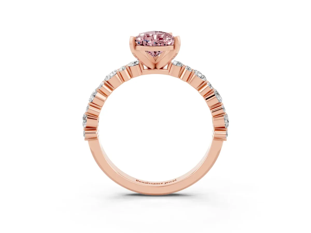Pear Cut Morganite Side Stone Solitaire Ring with Round and Four-Prong Setting Rose gold