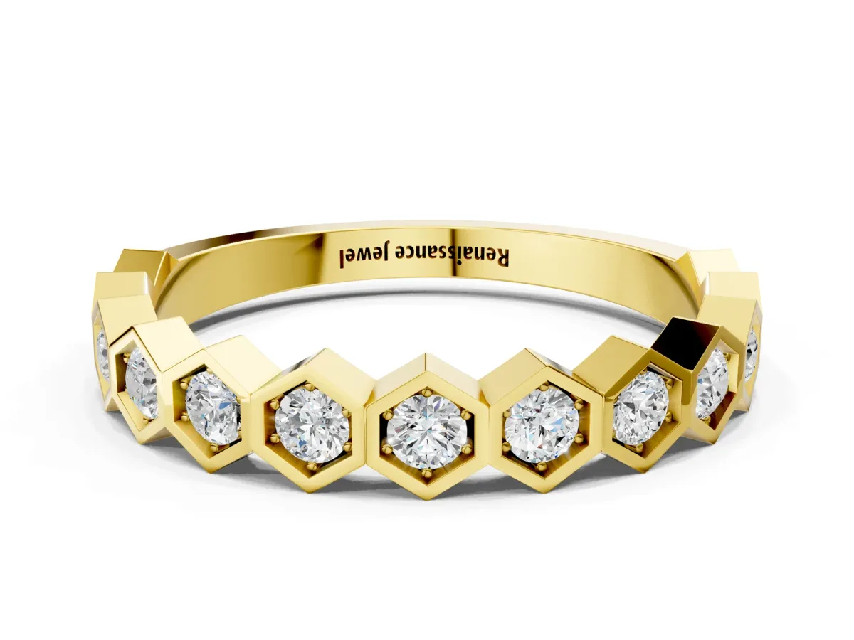 Hexagon Pave Diamond Eternity Band with Bezel Setting Yellow gold