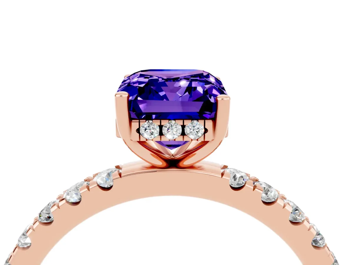 Emerald Cut Tanzanite Pave Band Solitaire Ring with Round and Prong Setting Rose gold