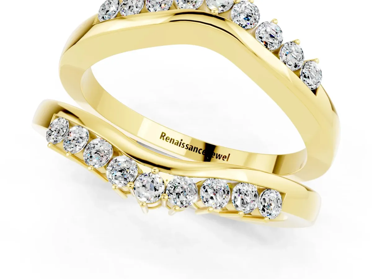 Round Moissanite Chevron Contour Band with Prong Setting Yellow gold