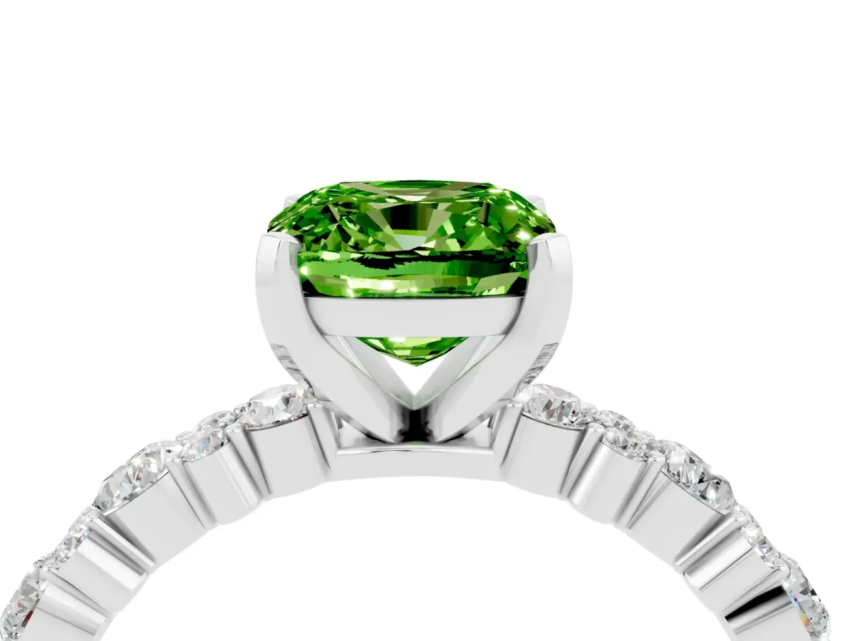 Cushion Cut Peridot Side Stone Solitaire Ring with Round and Four-Prong Setting Silver