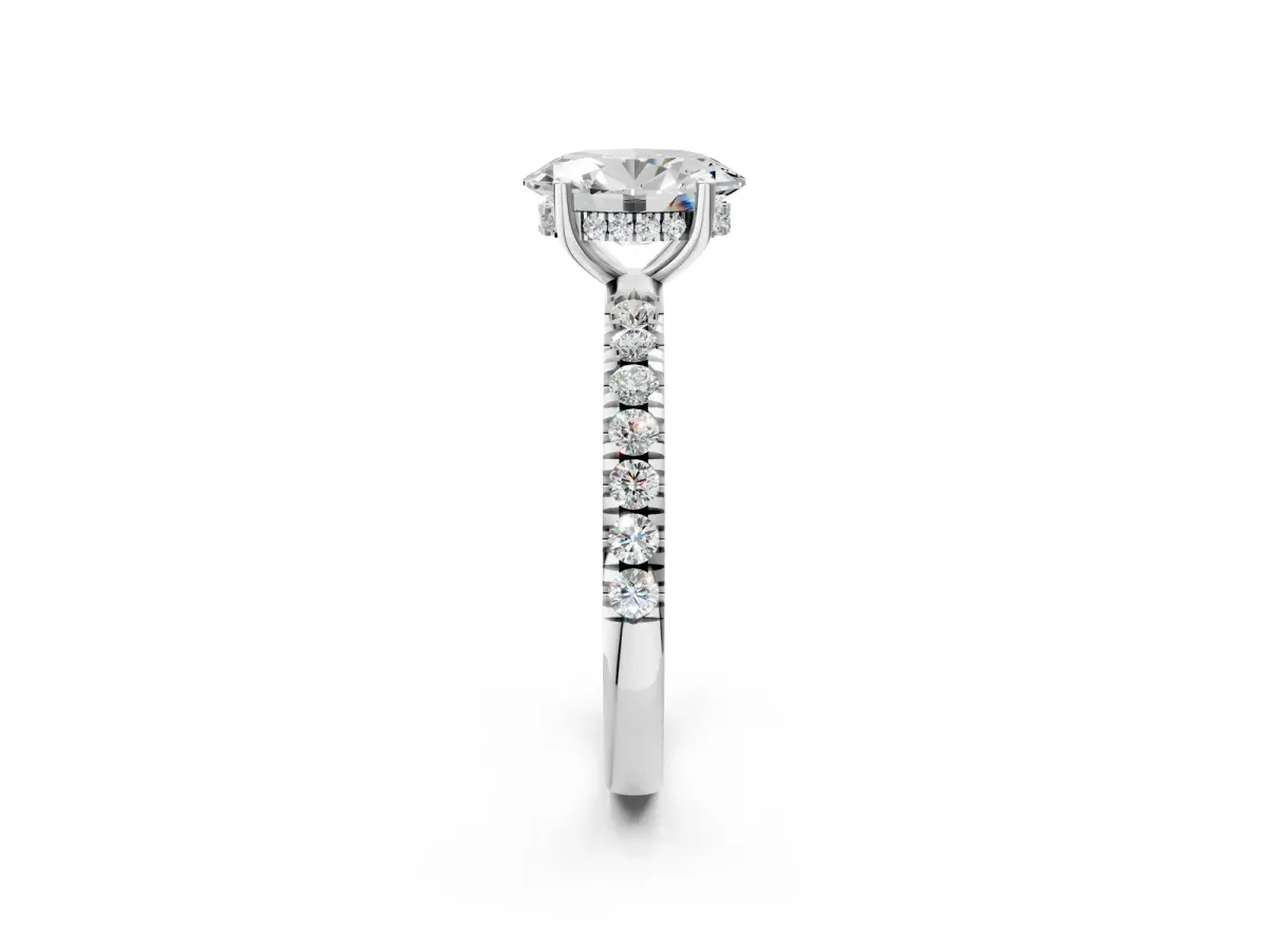 Oval Cut Diamond Pave Band Solitaire Ring with Round and Prong Setting White gold
