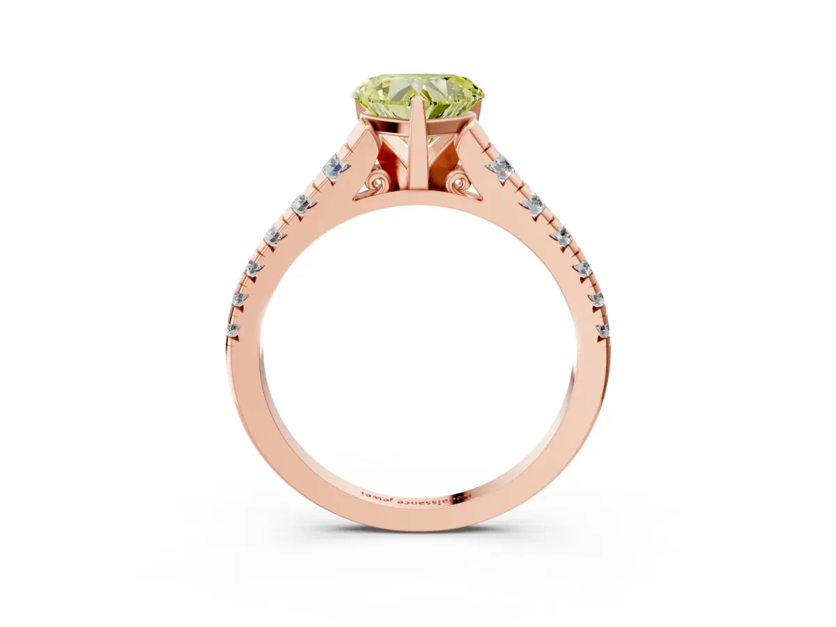 Fancy Yellow Heart Cut Diamond Cathedral Solitaire Ring with Round Pavé Band Rose gold