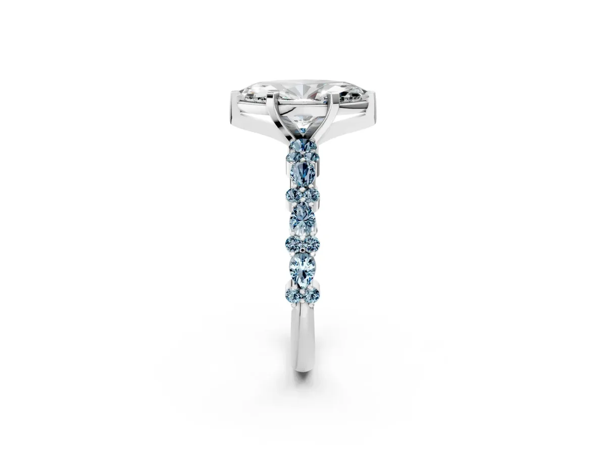 Marquise Cut Diamond Side Stone Solitaire Ring with Round Aquamarine and Four-Prong Setting Platinum