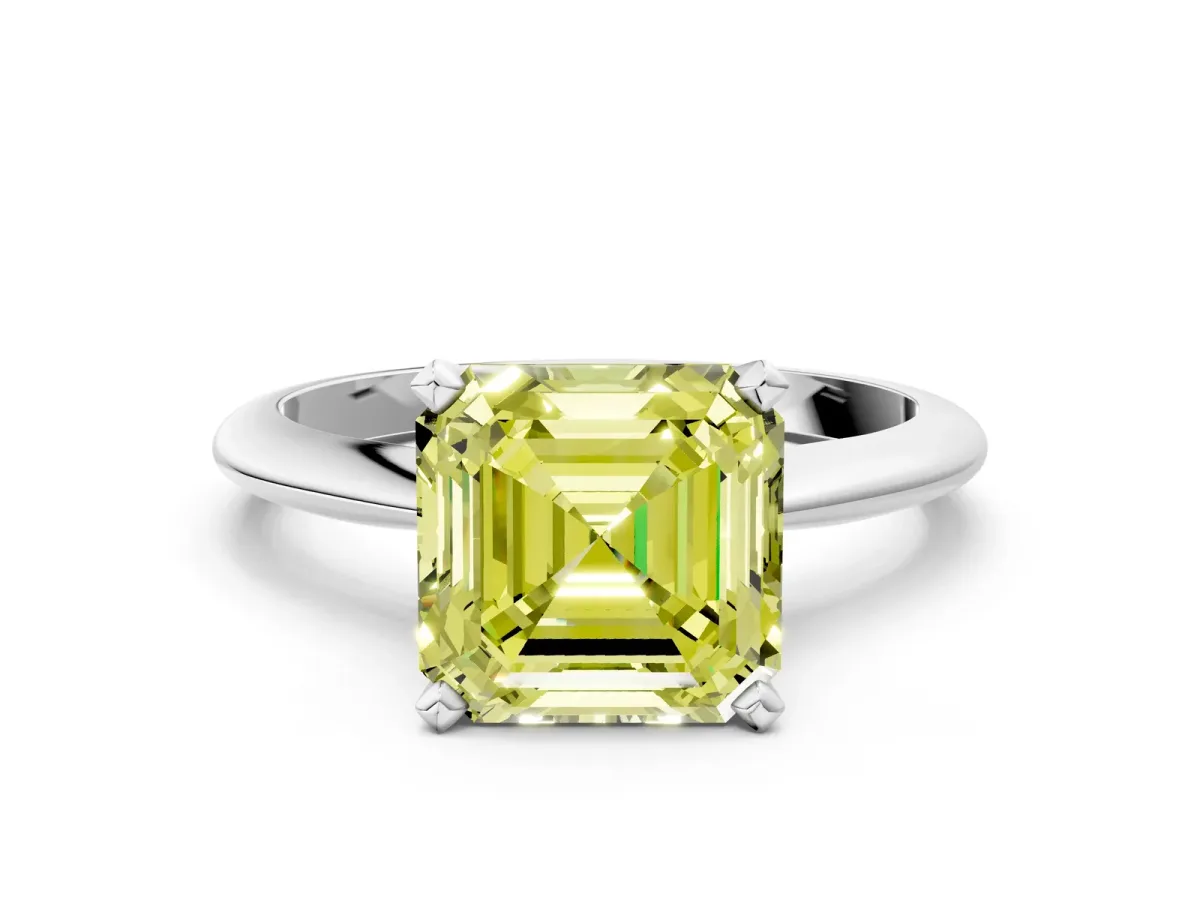 Fancy Yellow Asscher Cut Diamond Solitaire Engagement Ring with Classic Band and Four-Prong Setting Platinum
