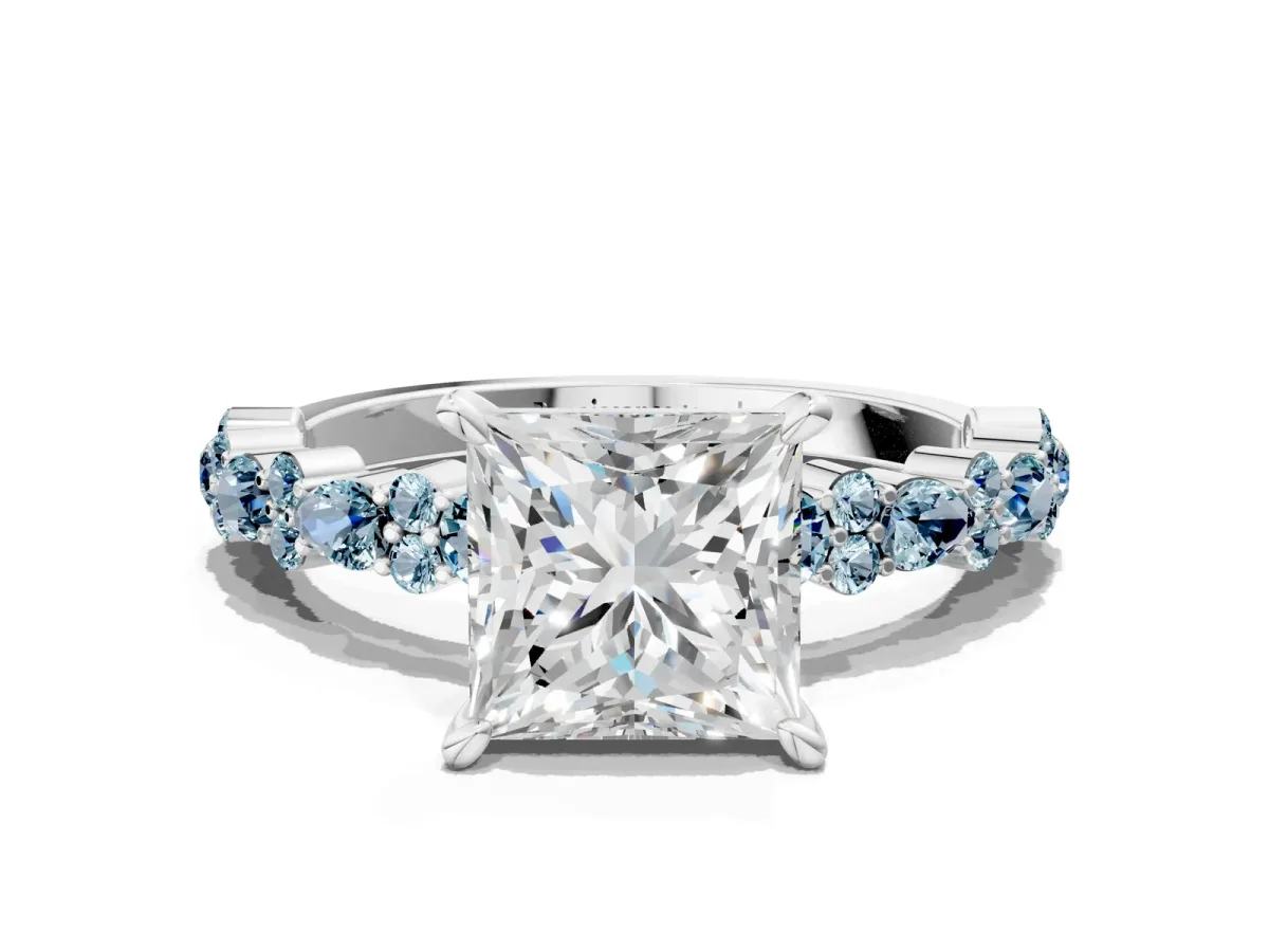 Princess Cut Diamond Side Stone Solitaire Ring with Round Aquamarine and Four-Prong Setting Platinum