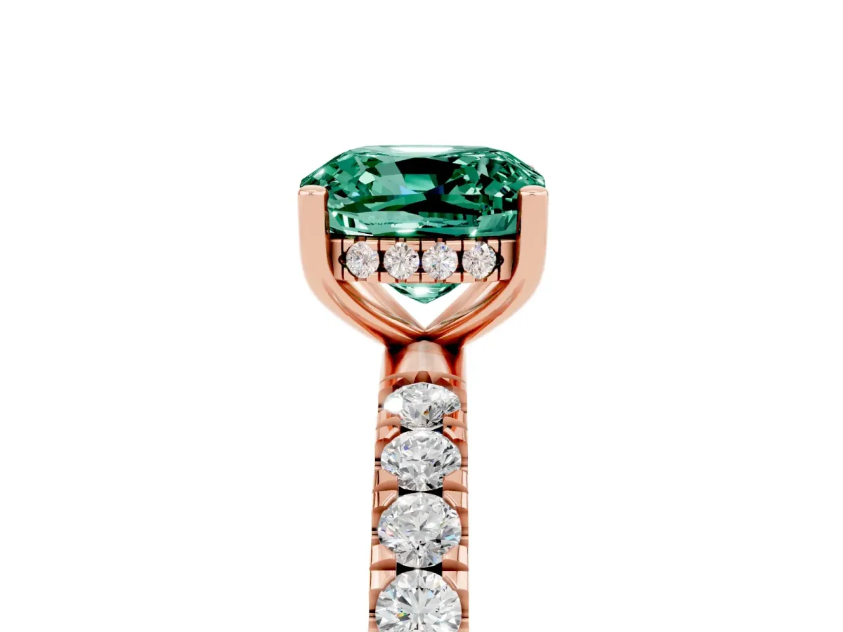 Cushion Cut Green Sapphire Pave Band Solitaire Ring with Round and Prong Setting Rose gold