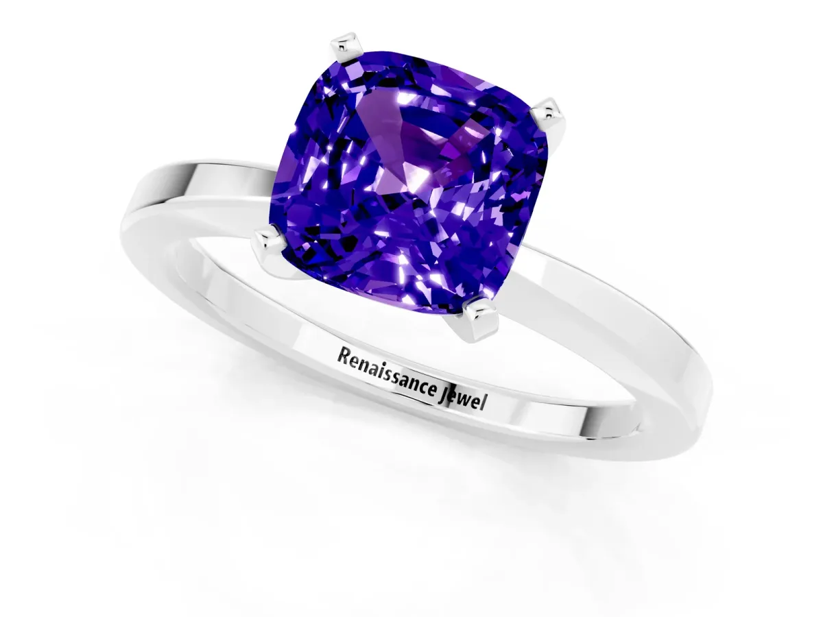 Cushion Cut Tanzanite Solitaire Engagement Ring with Classic Band and Four-Prong Setting Silver