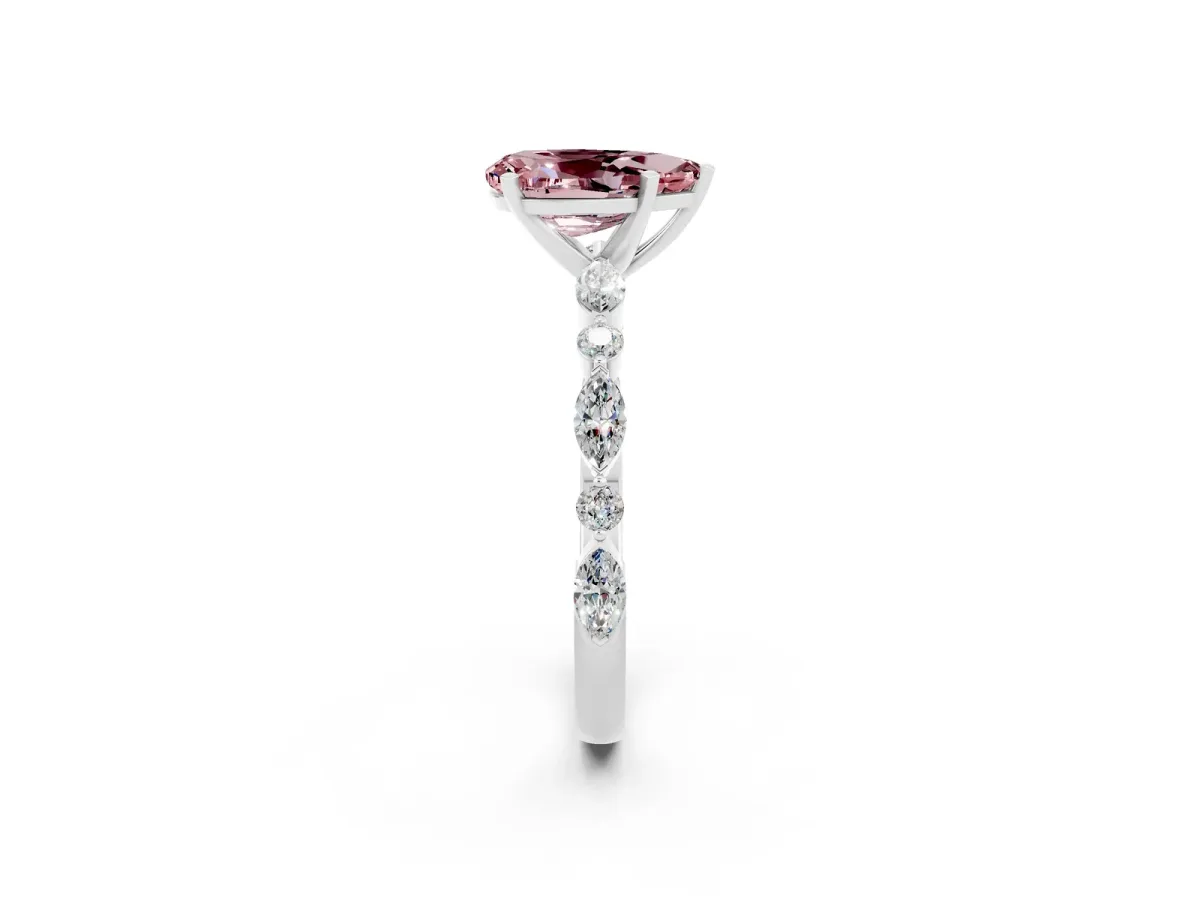 Pear Cut Morganite Ring with Marquise and Round Side Stones and Four-Prong Setting White gold