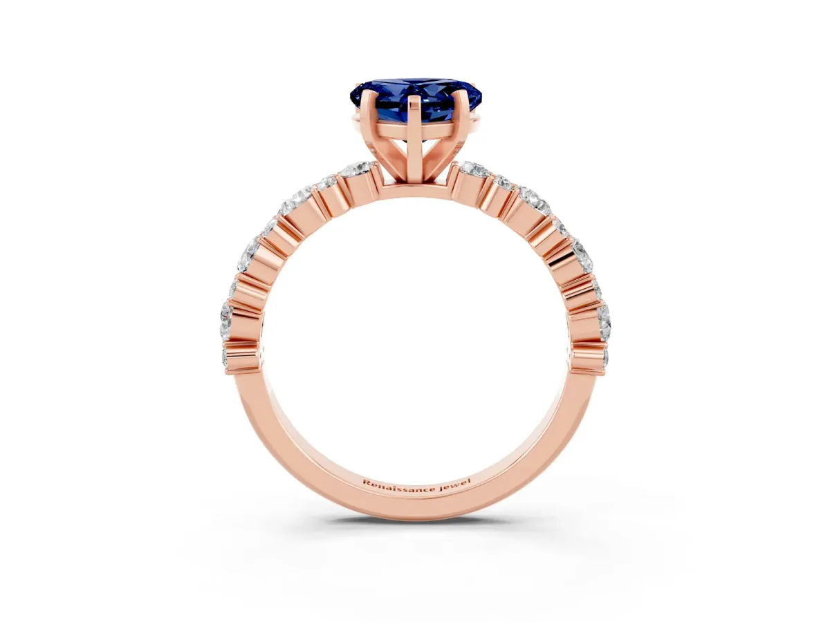 Heart Cut Blue Sapphire Side Stone Solitaire Ring with Round and Four-Prong Setting Rose gold