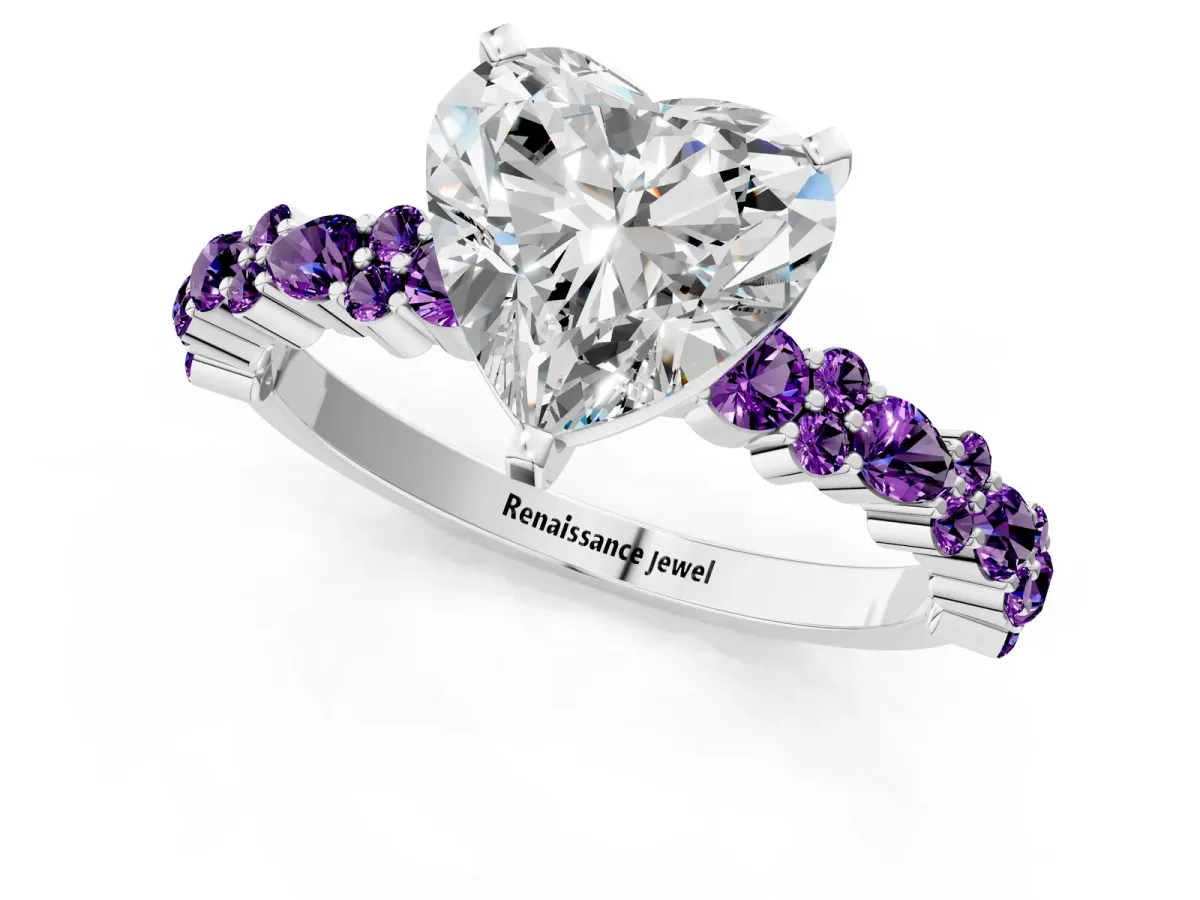 Heart Cut Diamond Side Stone Solitaire Ring with Round Amethyst and Four-Prong Setting Platinum