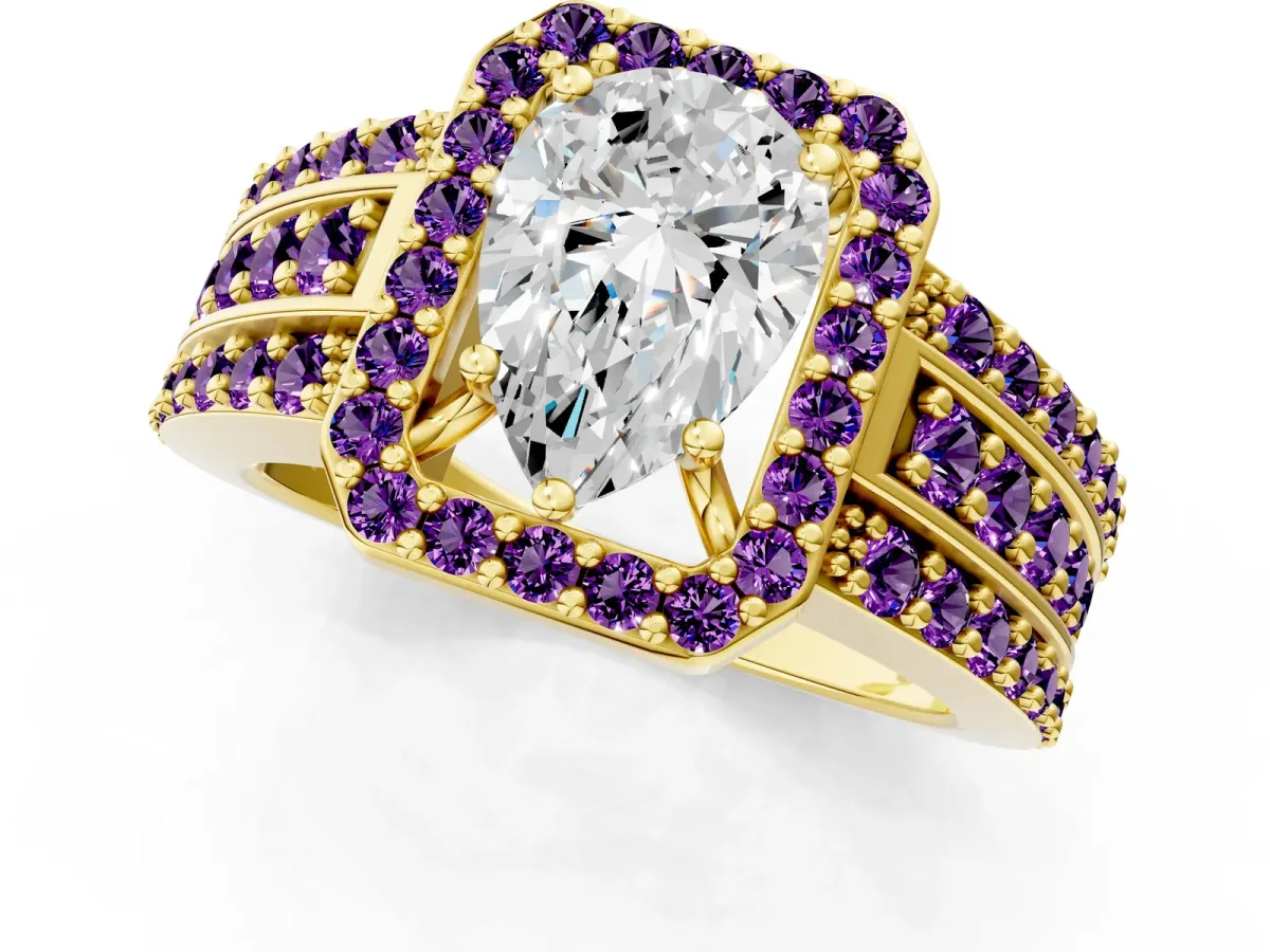 Pear Cut Halo Diamond Ring with Round Amethyst Split Shank and Prong Setting Yellow gold