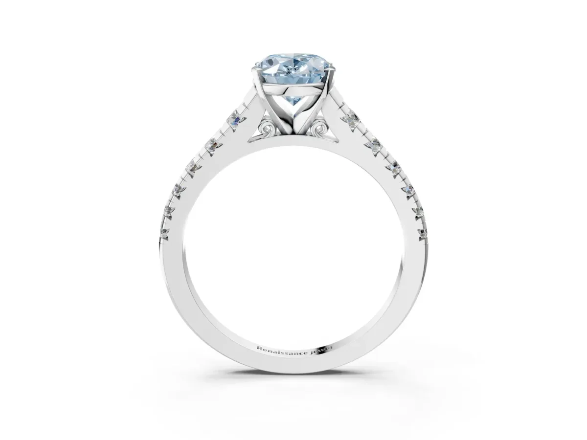 Fancy Blue Oval Cut Diamond Cathedral Solitaire Ring with Round Pavé Band Platinum