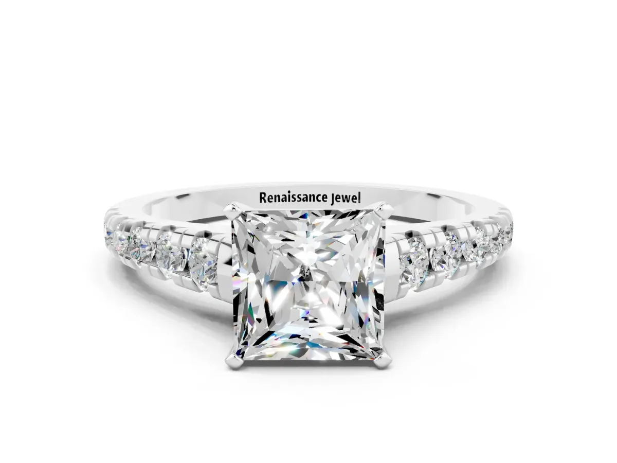Princess Cut Moissanite Cathedral Solitaire Ring with Round Pavé Band Silver