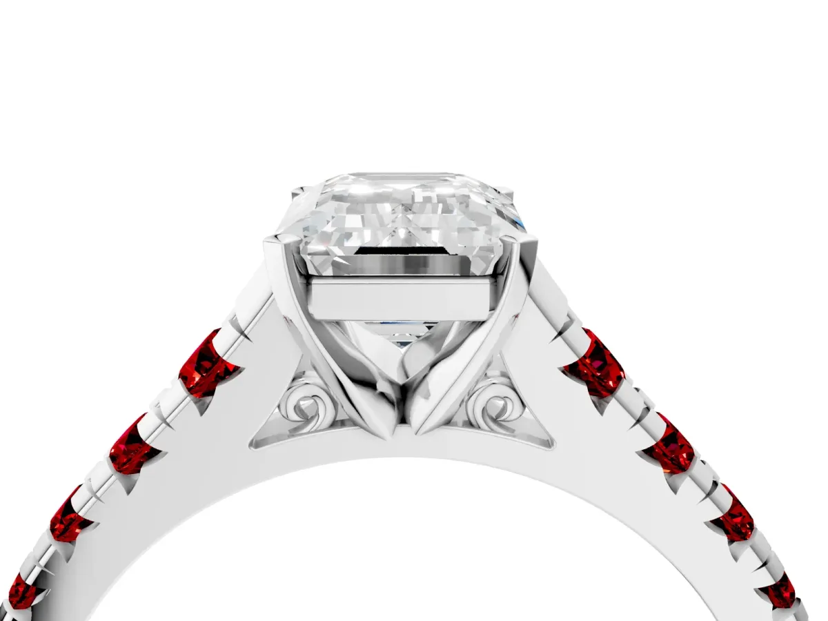 Emerald Cut Diamond Cathedral Solitaire Ring with Round Ruby Pavé Band White gold