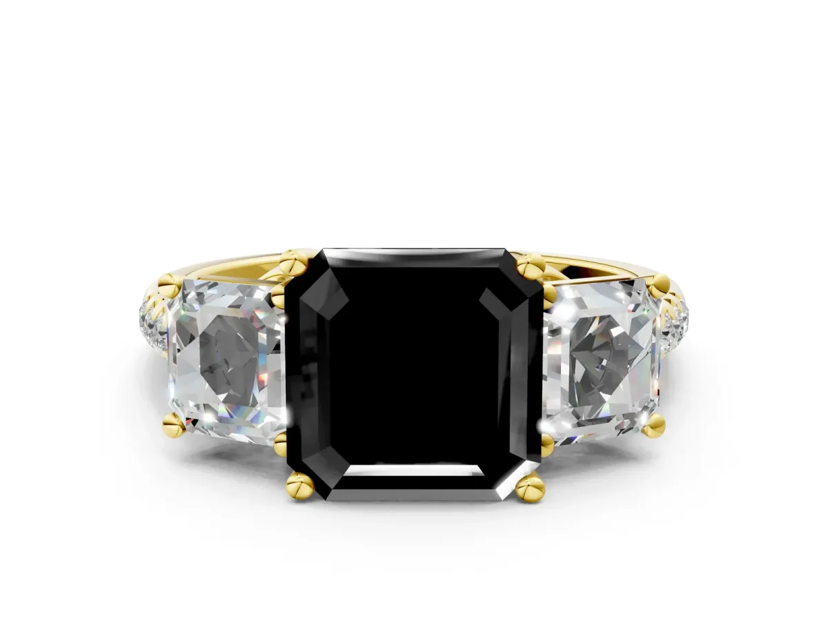 Fancy Black Three-Stone Asscher Cut Diamond Ring with Round Pavé Band and Prong Setting Yellow gold