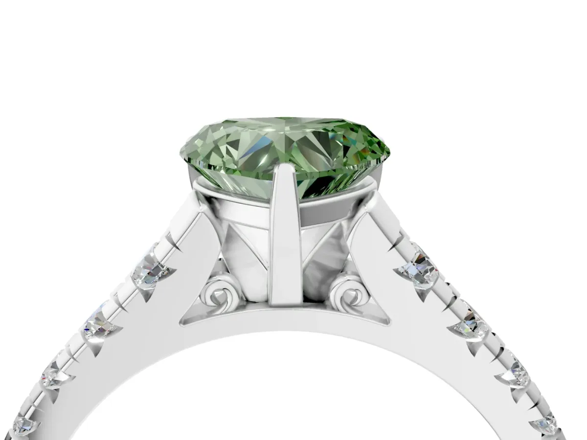 Fancy Green Heart Cut Diamond Cathedral Solitaire Ring with Round Pavé Band Silver