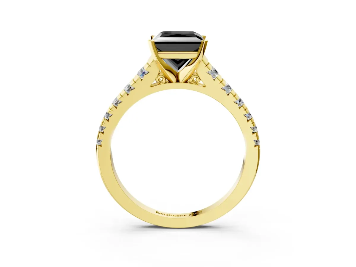 Fancy Black Princess Cut Diamond Cathedral Solitaire Ring with Round Pavé Band Yellow gold
