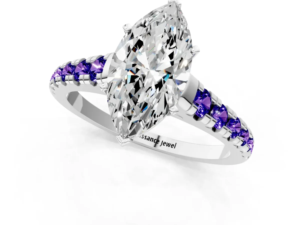 Marquise Cut Diamond Cathedral Solitaire Ring with Round Tanzanite Pavé Band Silver