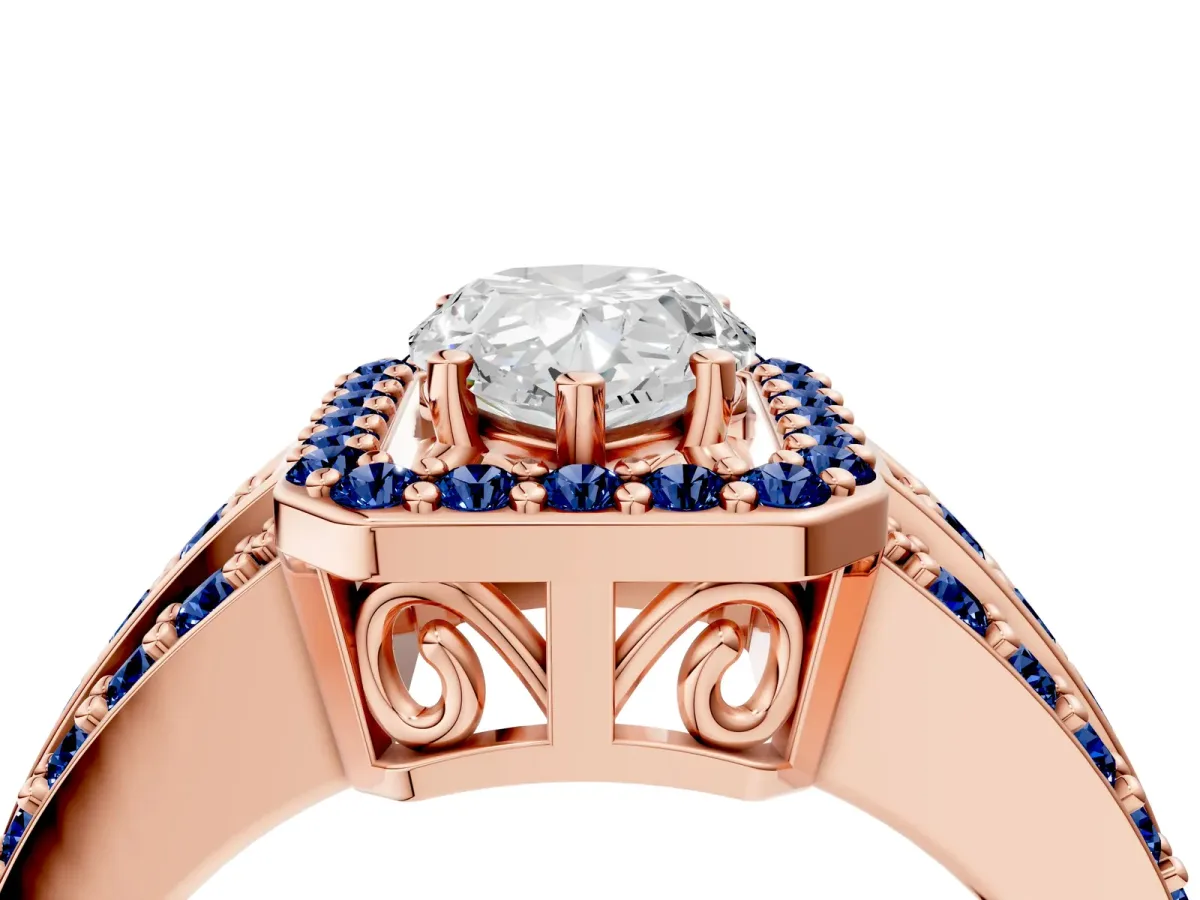 Pear Cut Halo Diamond Ring with Round Blue Sapphire Split Shank and Prong Setting Rose gold