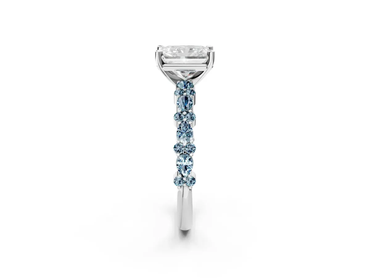 Radiant Cut Diamond Side Stone Solitaire Ring with Round Aquamarine and Four-Prong Setting Platinum